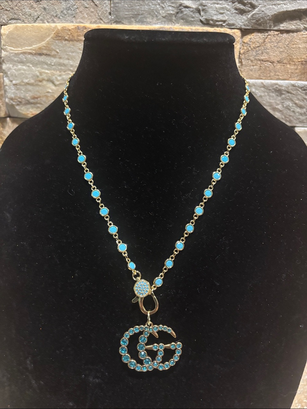 Gold-Plated Turquoise Necklace with Blue Crystal GG Pendant